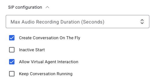 SIP configuration options with checkboxes for audio recording and conversation settings.