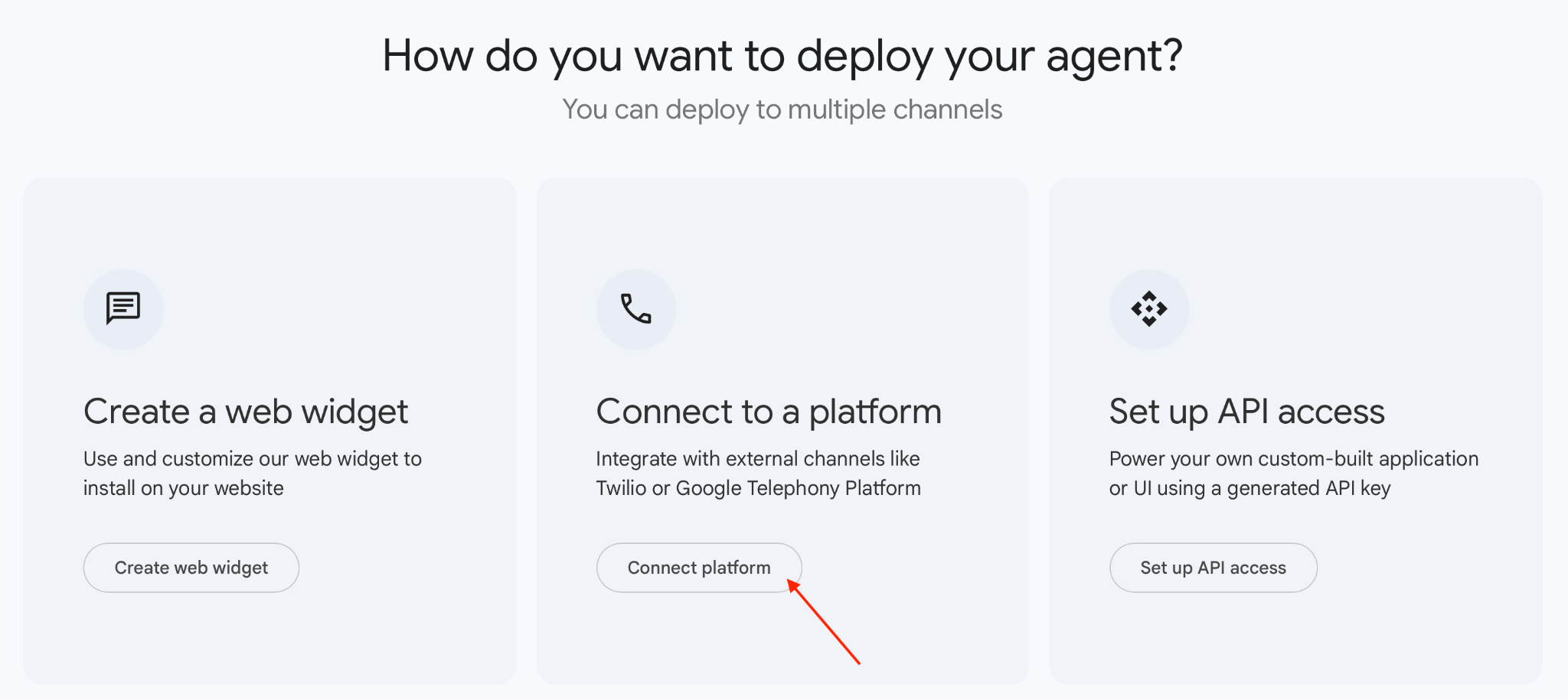 Options for deploying your agent include web widget, platform connection, and API access.