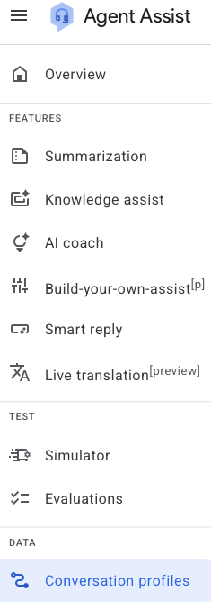 Menu displaying features of Agent Assist including summarization and live translation options.