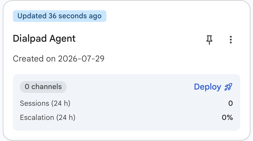 Dialpad Agent overview showing zero channels, sessions, and escalations since creation.