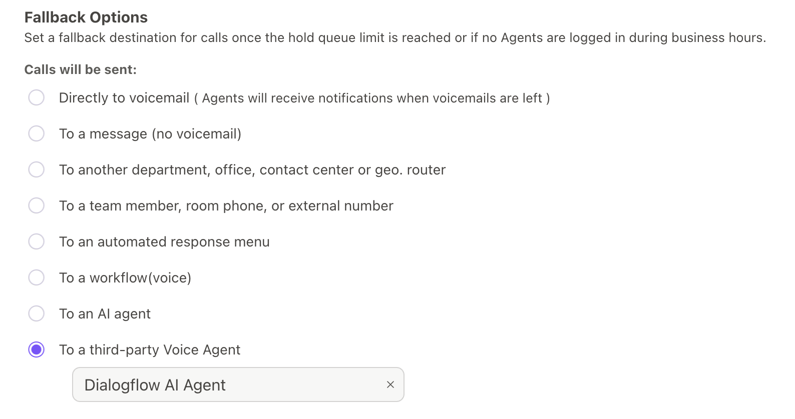 The Call Routing settings page, showing the option to route to a third-party voice agent as an alternative routing method.